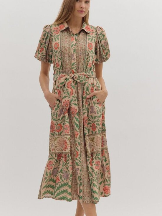 entro Dresses & Skirts - NWT Entro Botanical Print Puff Sleeve Midi Dress in Natural Multi